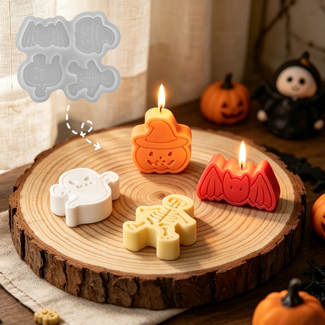 Candle Making Design - ชุดแม่พิมพ์ซิลิโคน 4 ช่องสำหรับทำดินเหนียว DIY รูปผี ฟักทอง
